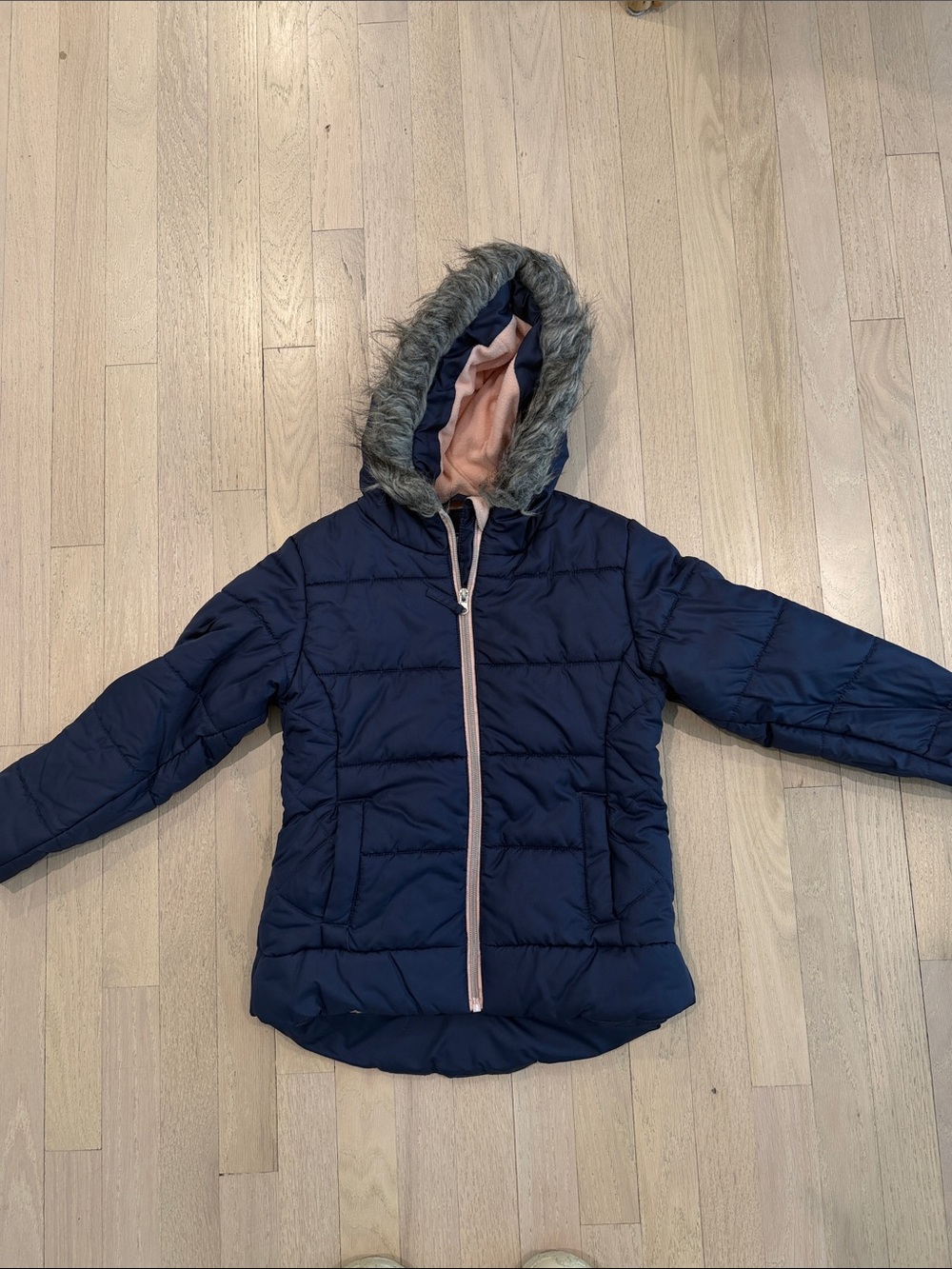 Kids Navy Hooded Puffer Jacket with Faux Fur Trim